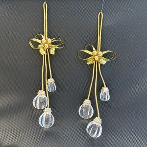 Vintage Set of Two Acrylic 8.5” Gold Tassel Ornaments with Clear Jewel Drop